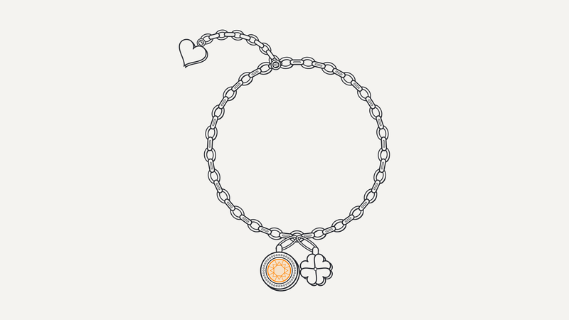 Illustrazione di un bracciale a catena con ciondolo tondo con pietra arancio e quadrifoglio – Gioielleria Scaduto