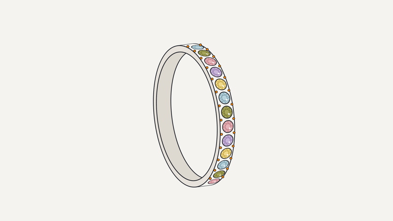 Illustrazione di anello con fila di pietre dure colorate e griffe arancio – Gioielleria Scaduto