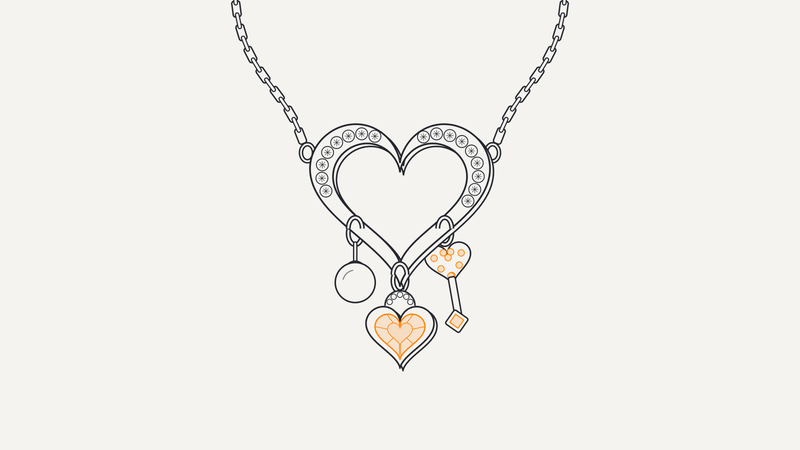 Illustrazione di una collana con cuore aperto in pavé e tre ciondoli con pietre arancio – Gioielleria Scaduto