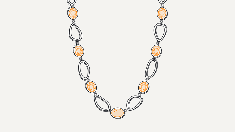 Illustrazione di una collana lunga con maglie organiche e pietre arancio – Gioielleria Scaduto