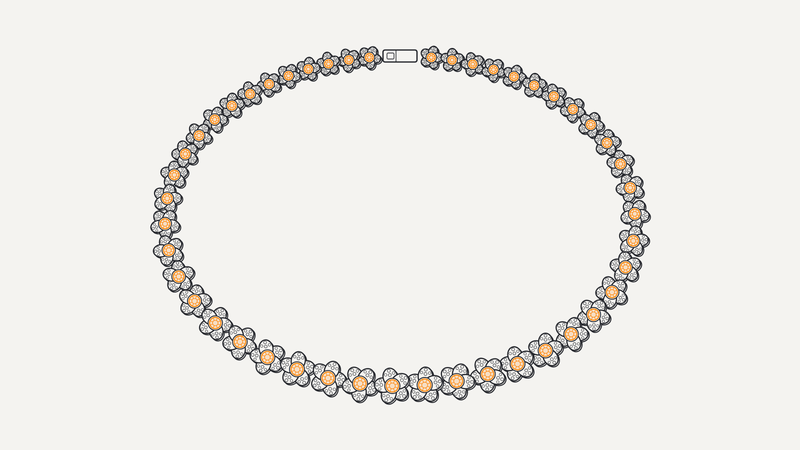 Illustrazione di un collier di fiori in pavé con pietre centrali arancio – Gioielleria Scaduto