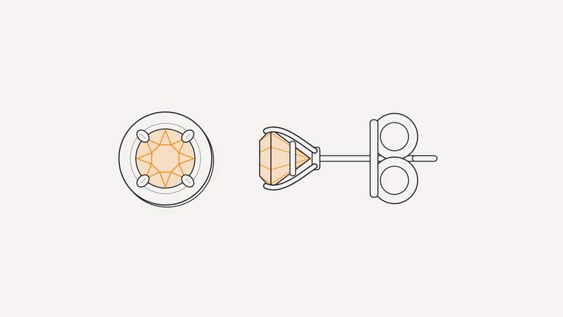 Illustrazione di orecchino punto luce rotondo con brillante arancio a quattro griffe, vista frontale e laterale – Gioielleria Scaduto