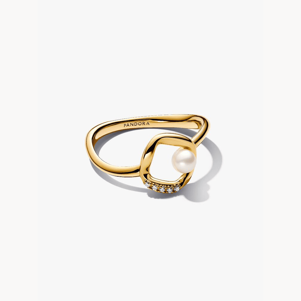Pandora | Anello Cerchio Linea Sinuosa con Perla d'Acqua Dolce Coltivata e Pavè