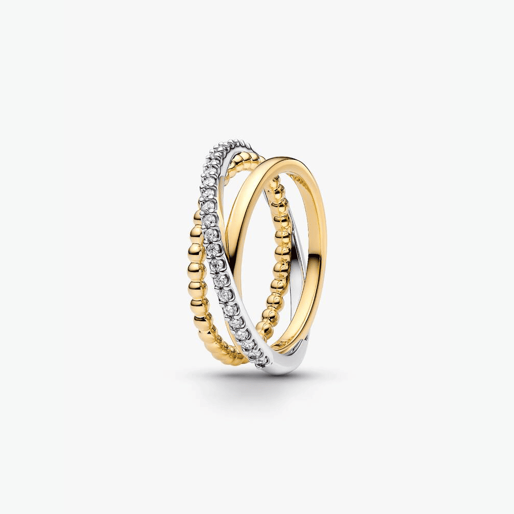 Anello Tripla Fascia Intrecciata Sfere e Pavé