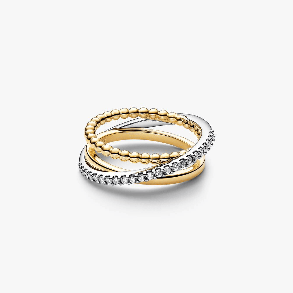 Anello Tripla Fascia Intrecciata Sfere e Pavé