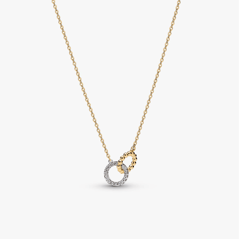 Collana Cerchi Intrecciati Sfere e Pavé