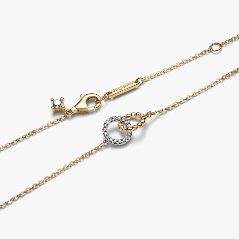 Collana Cerchi Intrecciati Sfere e Pavé
