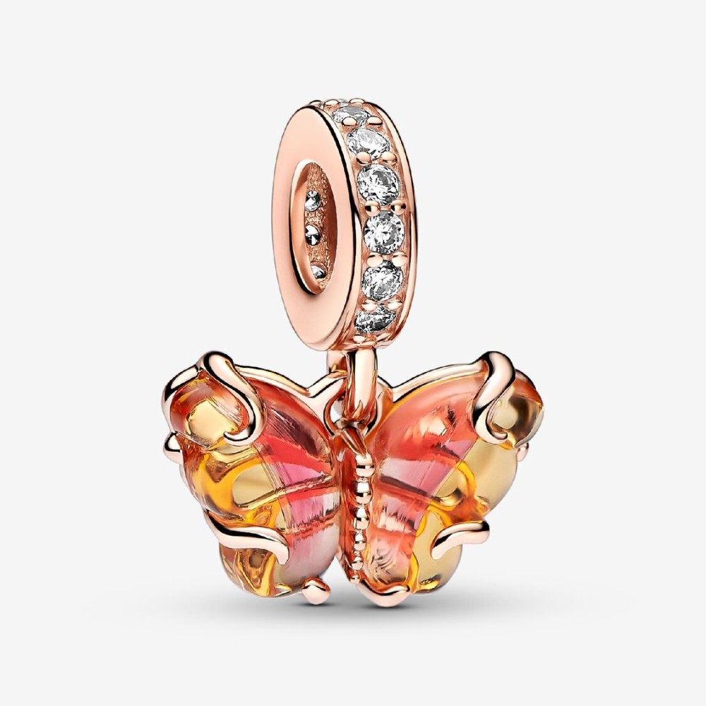 Charm Pendente Farfalla Vetro di Murano Arancione e Rosa