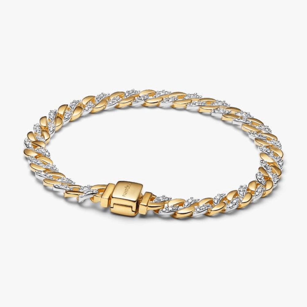 Bracciale Catena Maglia Cubana Bicolore con Pavé