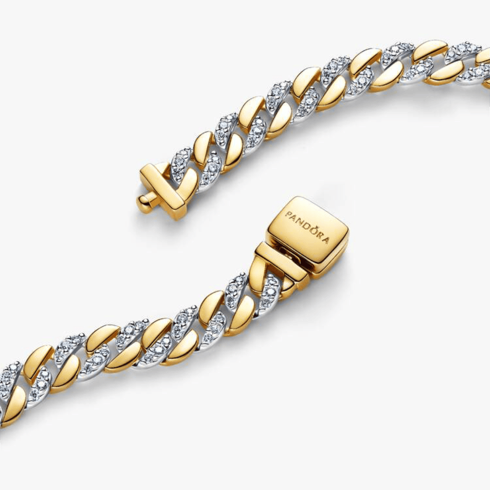 Bracciale Catena Maglia Cubana Bicolore con Pavé