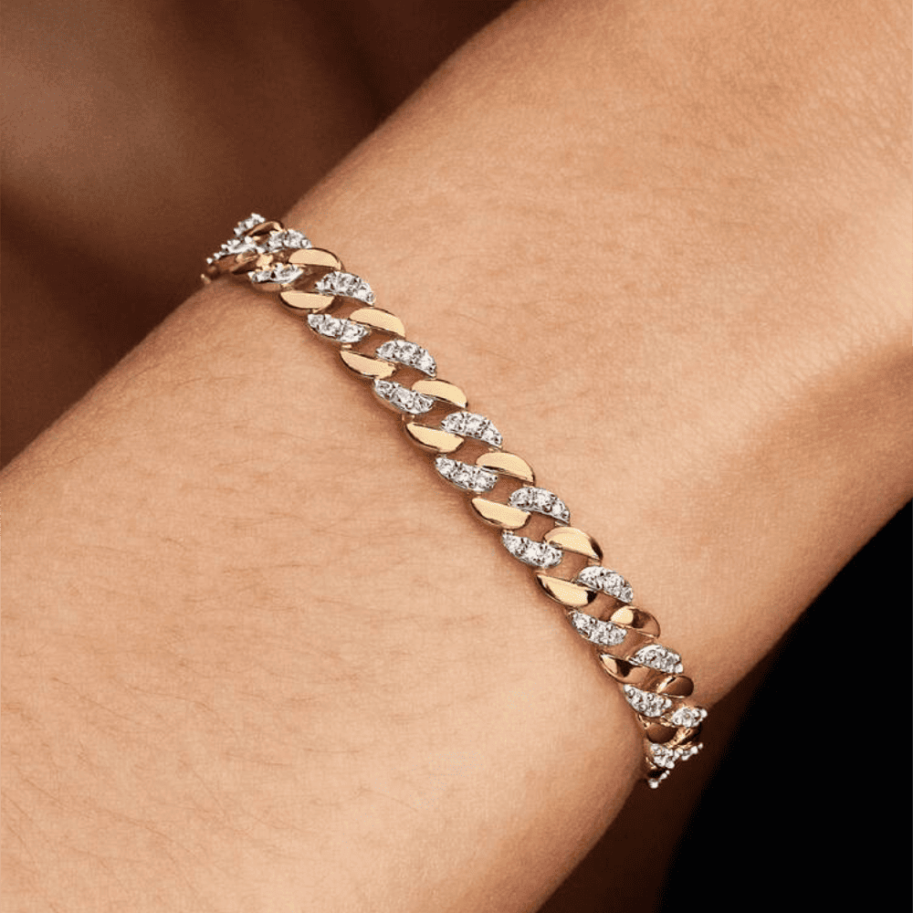 Bracciale Catena Maglia Cubana Bicolore con Pavé