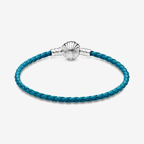 Bracciale Pandora Moments in pelle intrecciato turchese con chiusura a conchiglia