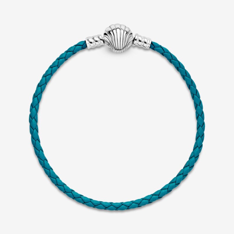 Bracciale Pandora Moments in pelle intrecciato turchese con chiusura a conchiglia