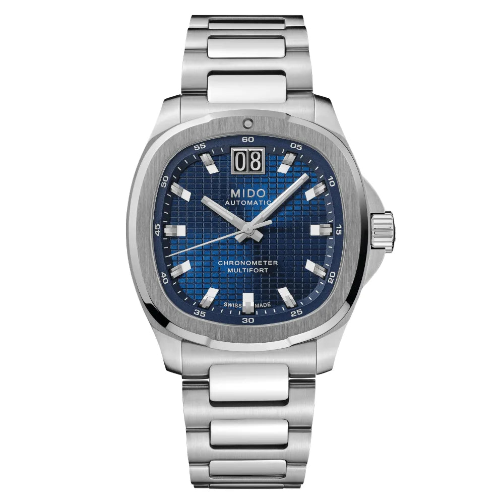 Mido Multifort TV Big Date Chronometer quadrante blu, vista frontale