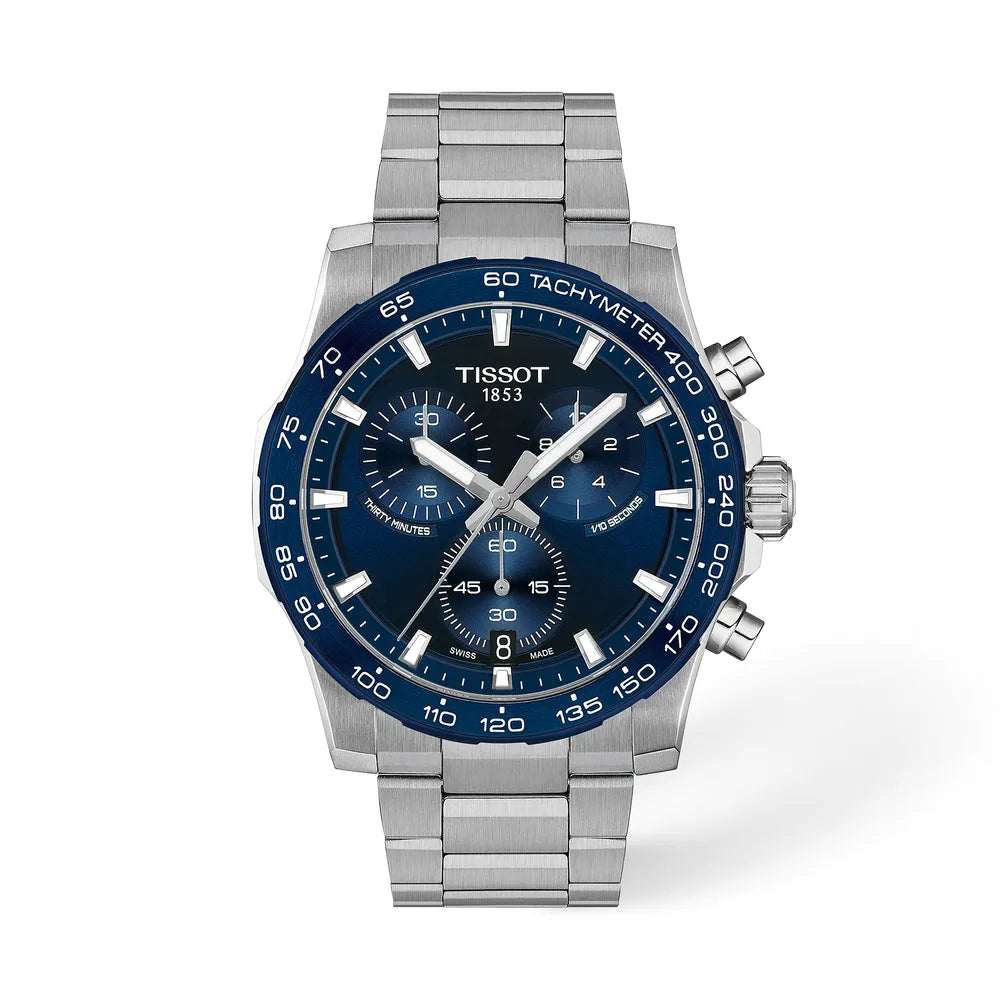Tissot Supersport Chrono 42 mm quadrante blu e bracciale in acciaio, vista frontale