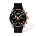 Tissot Supersport Chrono 42 mm quadrante nero, dettagli oro rosa e cinturino in caucciù, vista frontale
