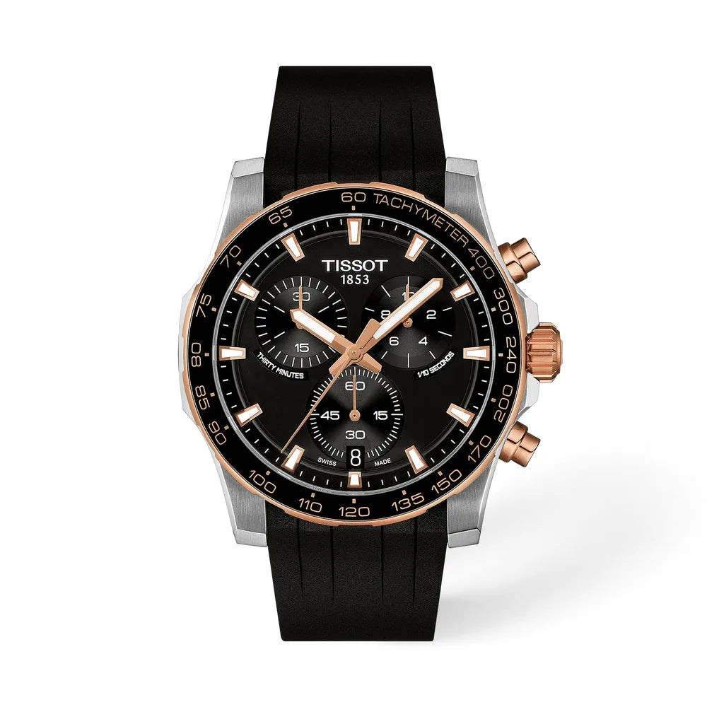 Tissot Supersport Chrono 42 mm quadrante nero, dettagli oro rosa e cinturino in caucciù, vista frontale