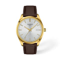 Tissot PR 100 40 mm PVD oro con quadrante argentato e cinturino in pelle marrone