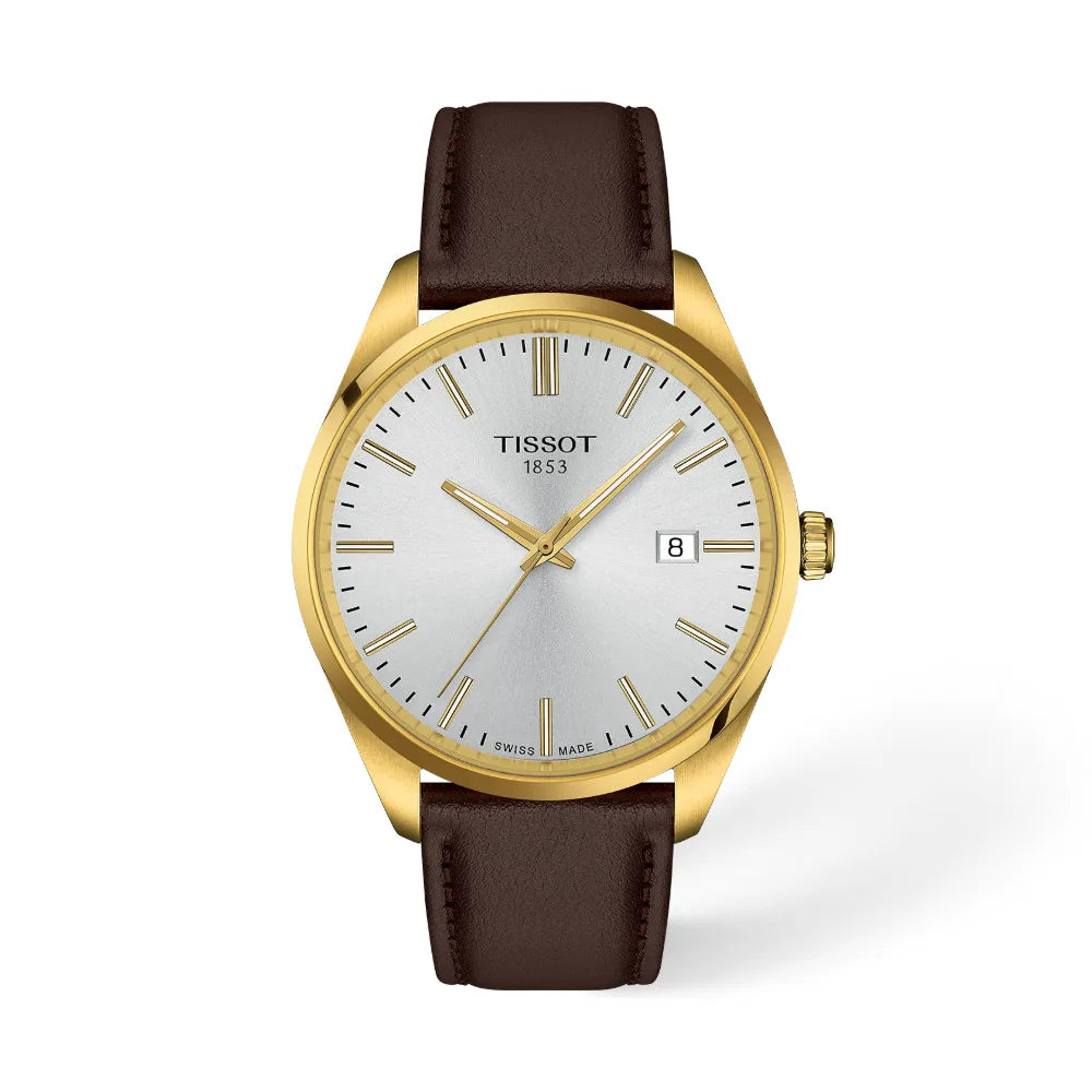 Tissot PR 100 40 mm PVD oro con quadrante argentato e cinturino in pelle marrone