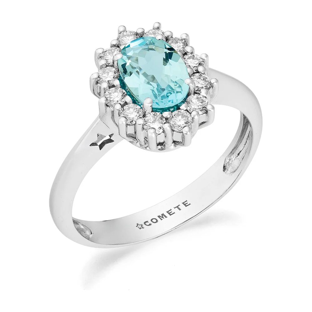 Comete Anello con contorno in Oro 18KT, Diamanti bianchi e Acquamarina ovale 5x4 mm – ANQ362