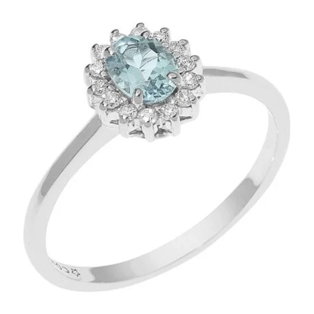 Comete Anello con contorno in Oro 18KT, Diamanti bianchi e Acquamarina ovale 6x4 mm – ANQ361