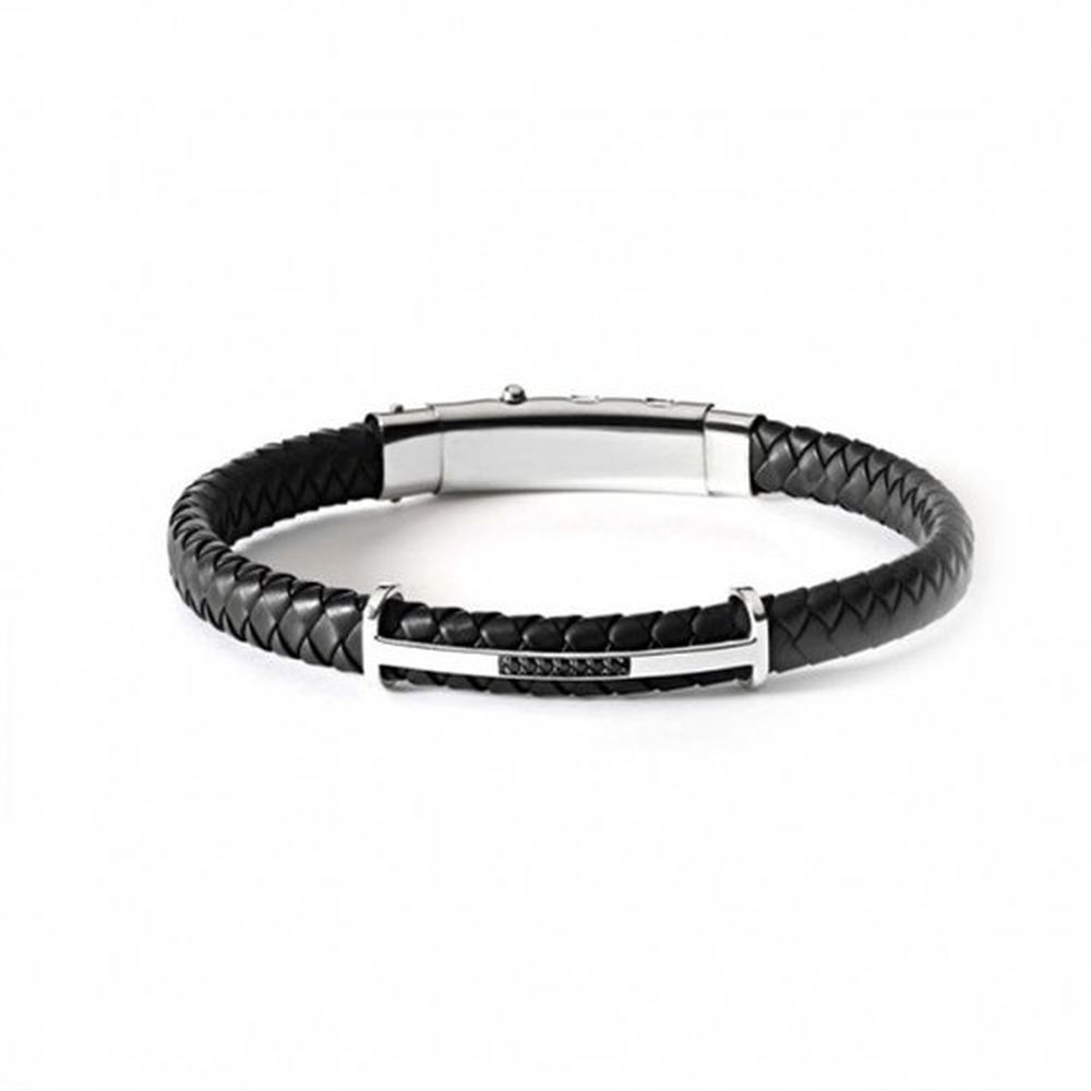 Comete Bracciale in pelle intrecciata nera e Acciaio con zirconi neri – UBR632