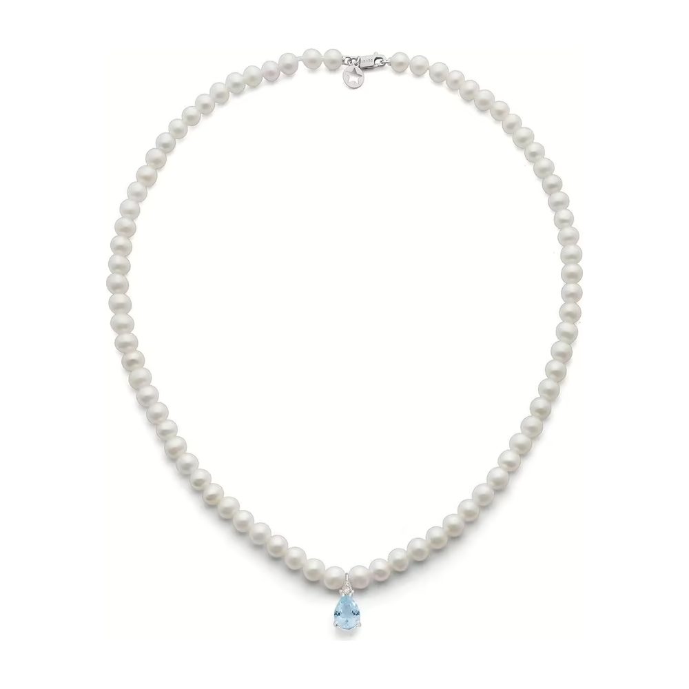Comete Collana filo di perle in Oro 18KT, Diamante bianco e Acquamarina goccia – FWQ378