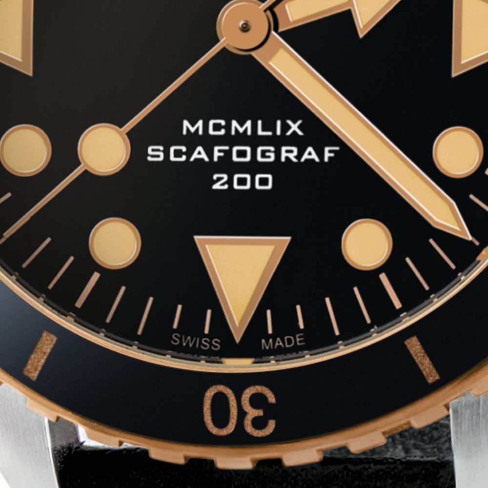 Eberhard & Co. Scafograf 200 MCMLIX Bronze Edition 41147.01 CP – dettaglio quadrante nero con indici luminescenti