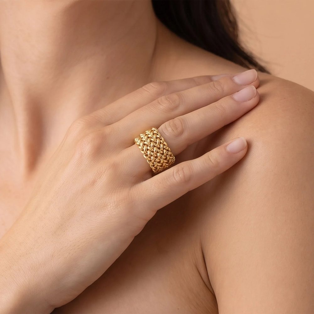 ETRUSCA | Anello a Fascia Maglia Grana di Riso Placcato Oro 18Kt