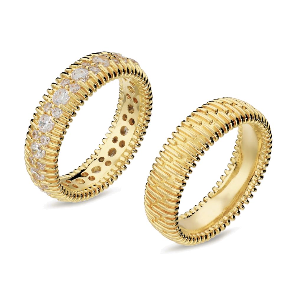 ETRUSCA | Set 2 Anelli Fedine Finitura Rigata, uno con Cubic Zirconia Placcato Oro 18Kt
