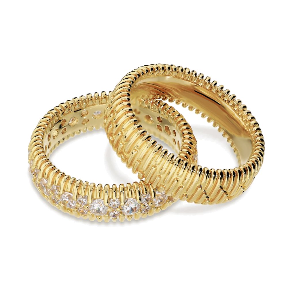 ETRUSCA | Set 2 Anelli Fedine Finitura Rigata, uno con Cubic Zirconia Placcato Oro 18Kt